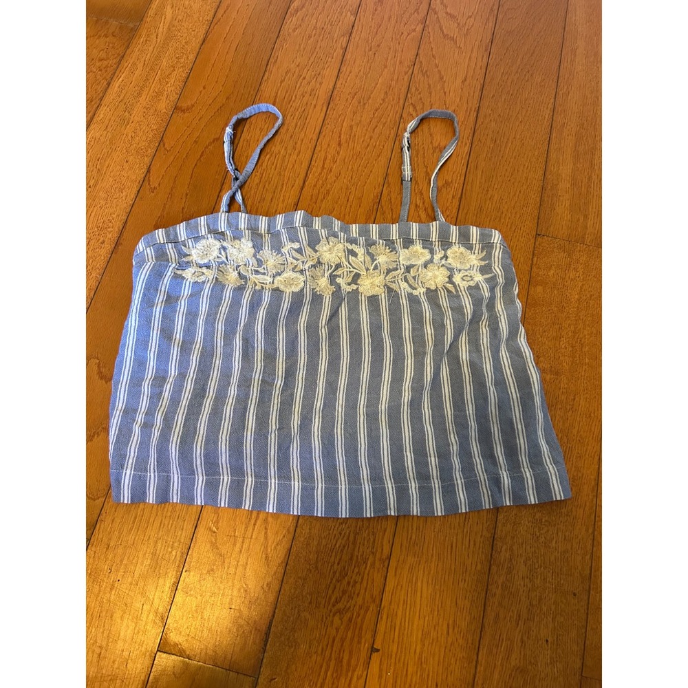 Hollister Blue White Striped Floral Embroidered Cami Tank Top Small